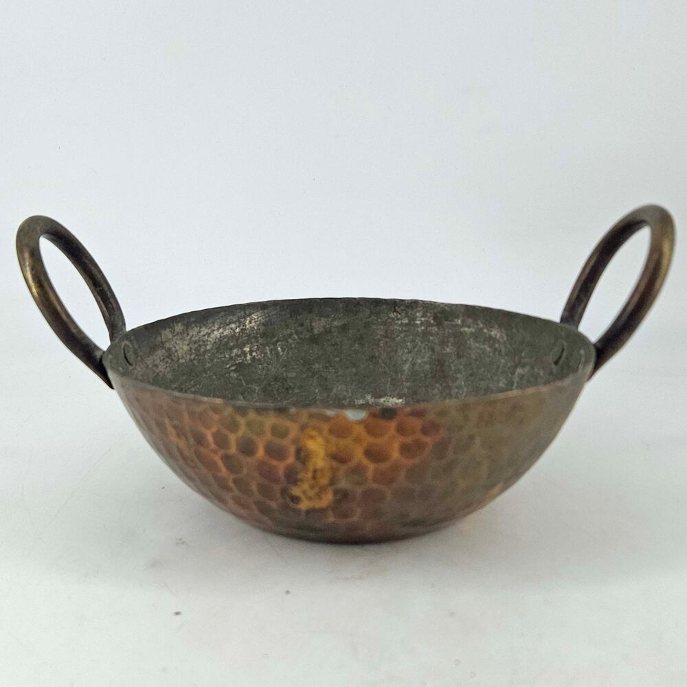 Vintage Hammered copper tin lined Kadai Indian Cooking Pot dish w handles 6"